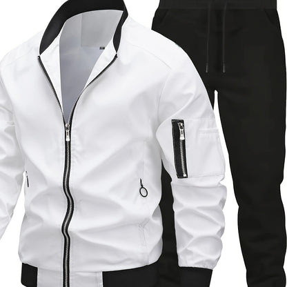 Men'S Casual Workwear Jacket and Pants Set, Solid Color, Long Sleeve, Regular Fit, with Pockets, for Spring/Fall, Casual Attire, Casual Attire|Casual Style|Solid Color Jacket