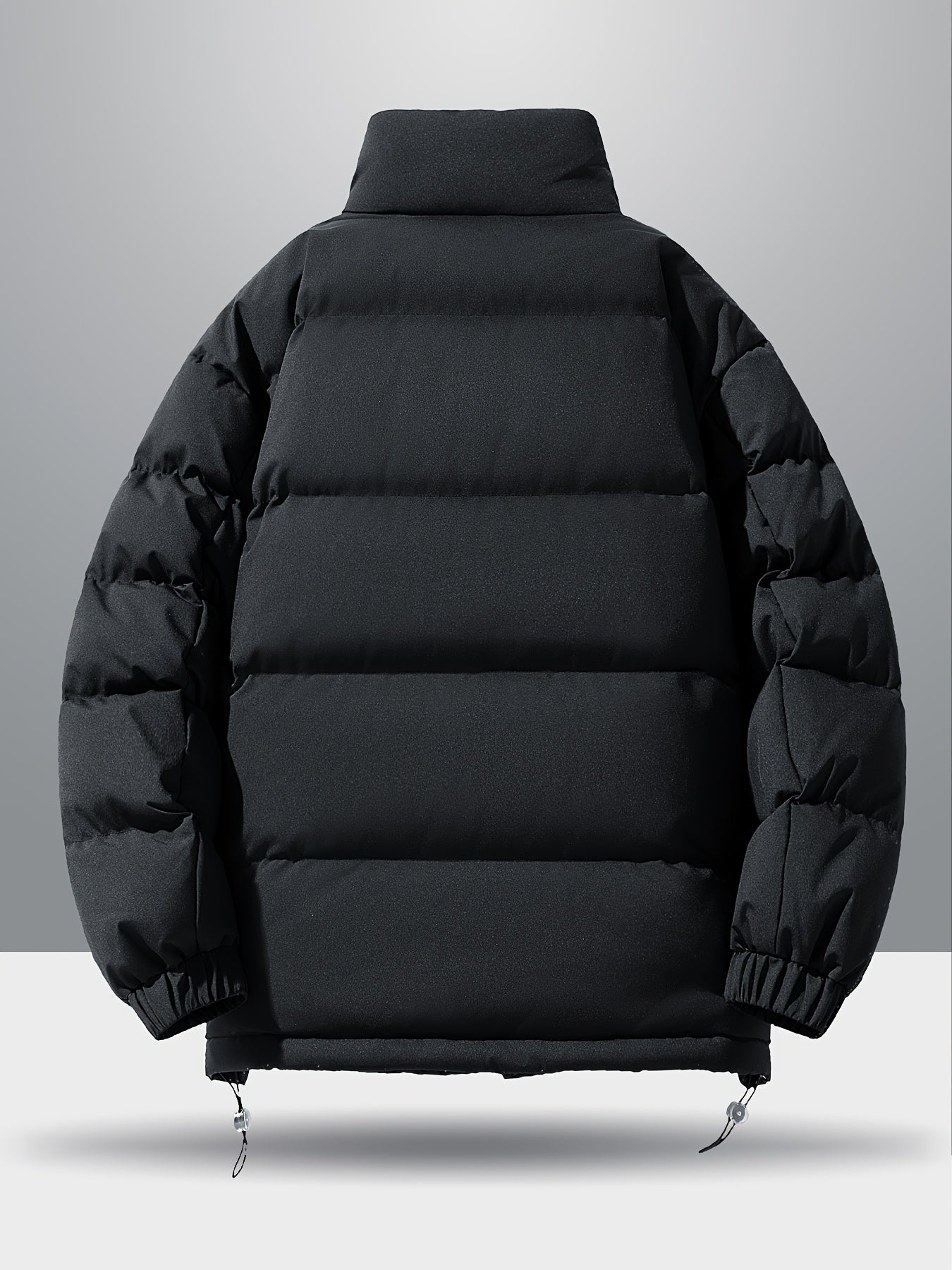 Men'S 2025 New Casual Jacket - Black, Stand Collar, Zip-Up, Long Sleeve, Polyester Filled, Winter Coat with Adjustable Drawstring Hood