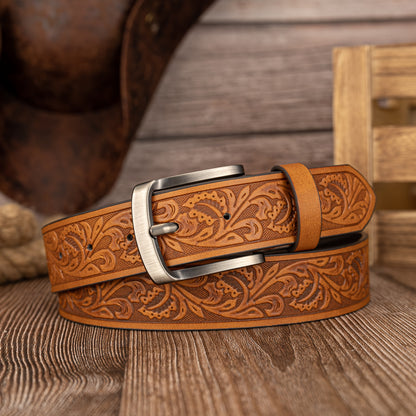 Preppy Style Men's Embossed PU Leather Belts with Vintage Leaf Pattern and Alloy Shaped Buckle