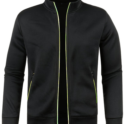 Men's Stand Collar Jacket - Full-Zip Casual Athletic Coat, Light Grey with Lime Accents, Zippered Front Closure for Gym, Office, Everyday - Machine Washable Outerwear, Gym Wear, Sporty Design, Smooth Texture, Lightweight Coat