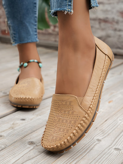Women's Retro Perforated Flat Shoes, Comfy Breathable Round Toe Slip On Shoes, Casual Outdoor Loafers
