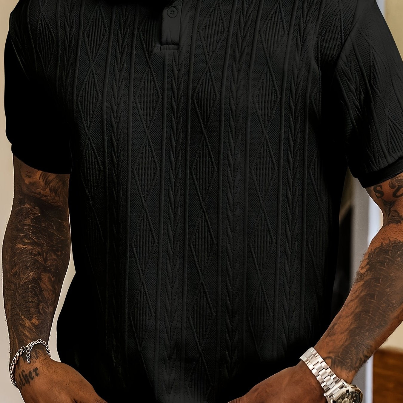 Men'S New Solid Color Top, Jacquard Design, Soft Fabric, Outdoor Casual Business Breathable Polo Shirt Golf Shirt, Suitable for Vacation and Business Occasions, Essential for Daily Leisure - ayq