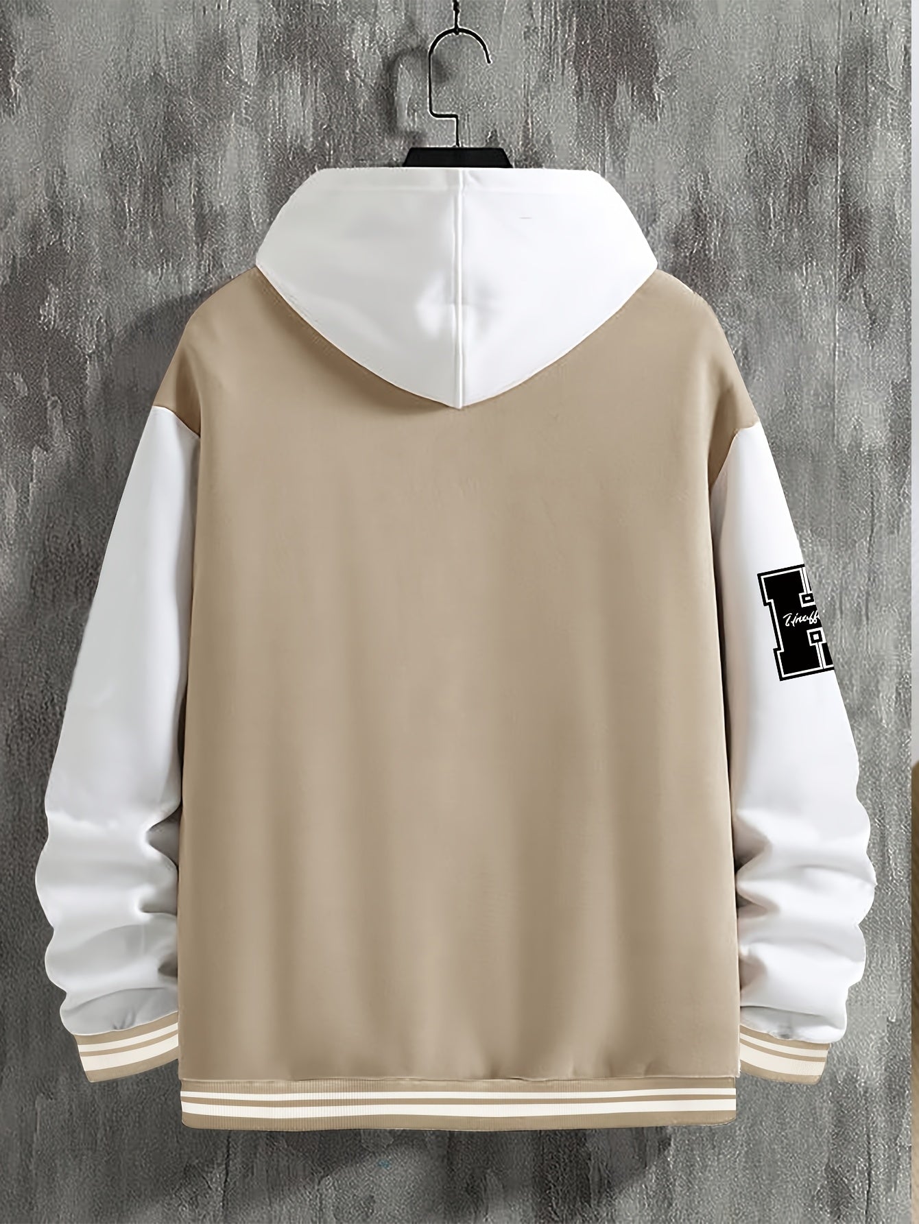 Men's Fashionable R-Letter Patchwork Casual Street Style Baseball Jacket - Polyester, Maroon & Black with White Stripes, Button Closure, with Pockets