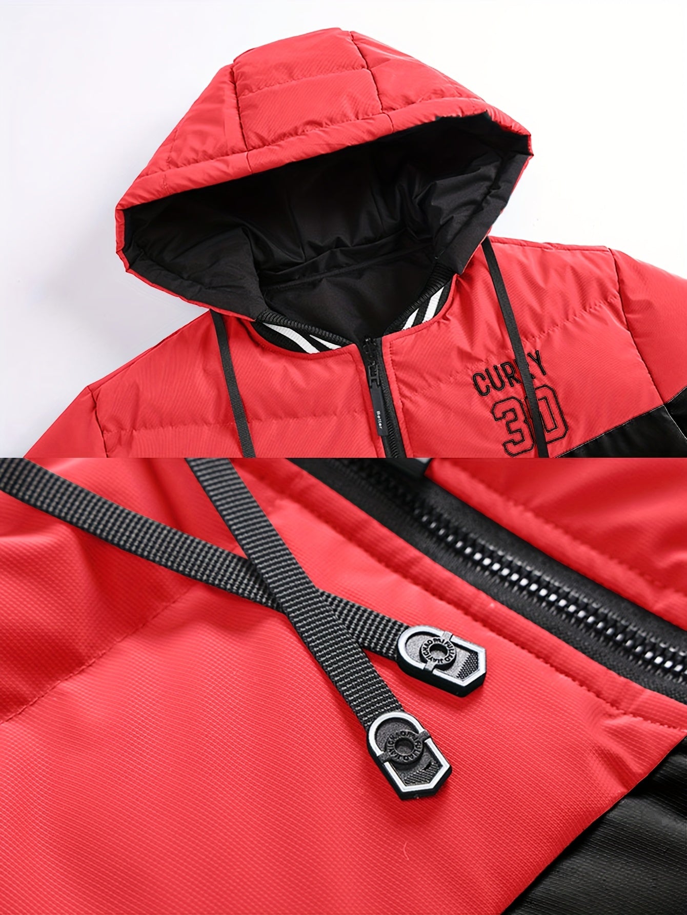 Men's Modern Streetwear Hooded Jacket with Embroidered Lettering, Color-Block Design, Removable Hood & Polyester Fill - Machine Washable Long Sleeve Coat with Pockets for Fall Winter Casual Wear