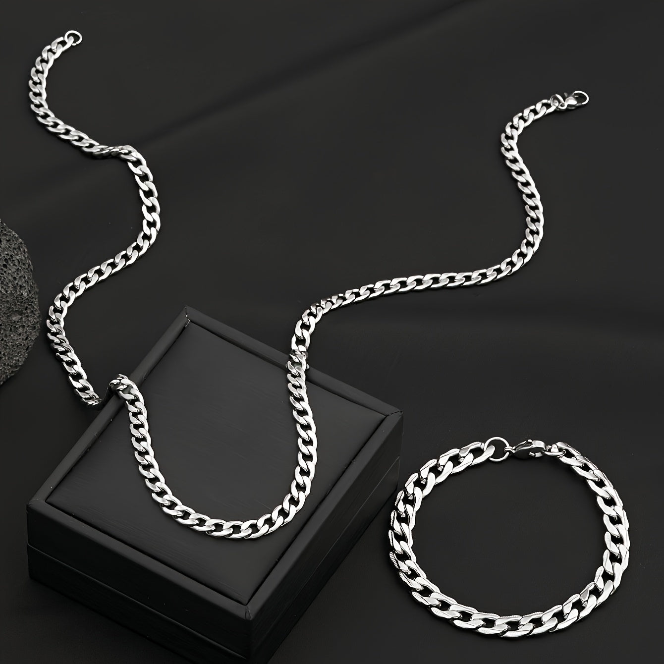 Stainless Steel Men's Jewelry Set, 19.69-inch Cuban Chain, Hip-hop Style Embossed Bracelet, Casual Wear and Holiday Gift - the Perfect Birthday Present