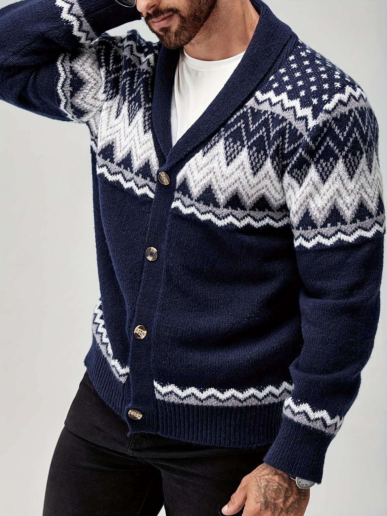 Men's Casual Geometric Pattern Cardigan Sweater - Navy Blue with White and Black Accents, Button-Up Collar, Machine Washable, Polyester for Fall/Winter
