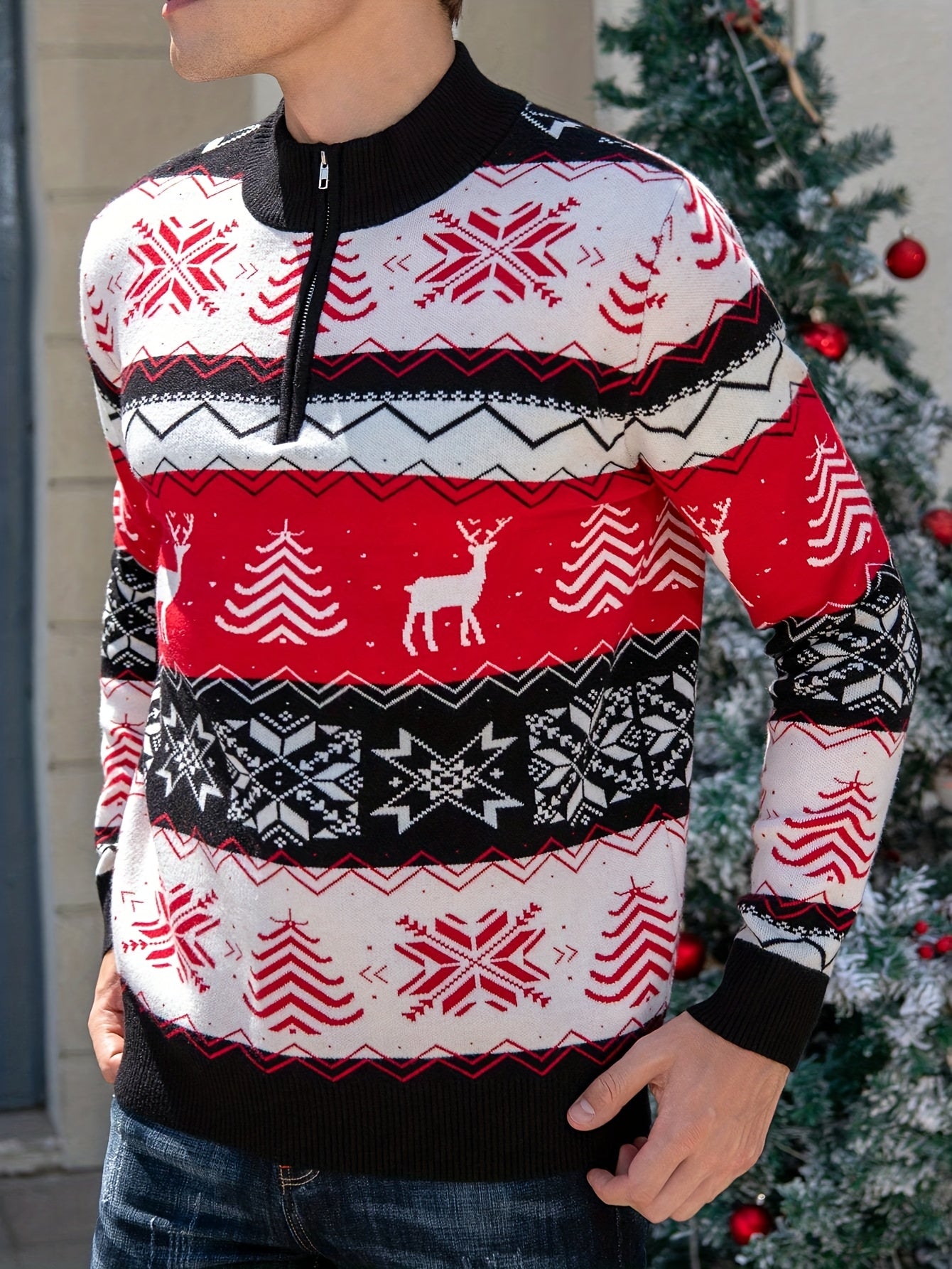 Men's Winter Weight Slim-Fit Zippered Sweater Jacket - Black/White/Red/Green Reindeer & Snowflake Pattern Collar, Machine Washable Half-Zip Coat for Christmas Parties, Casual & Formal Events ( Collar)