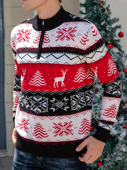 Men's Winter Weight Slim-Fit Zippered Sweater Jacket - Black/White/Red/Green Reindeer & Snowflake Pattern Collar, Machine Washable Half-Zip Coat for Christmas Parties, Casual & Formal Events ( Collar)