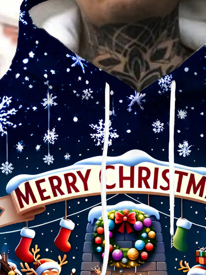 Men's 3D Christmas Print  Sweatshirt - Santa Snowman Reindeer Winter Scene Hoodie with Drawstring Pocket, Fabric Gym & Streetwear, All-Season Casual Wear (Black) - Festive Gift for Xmas & Black Friday (Machine Washable), PLUS