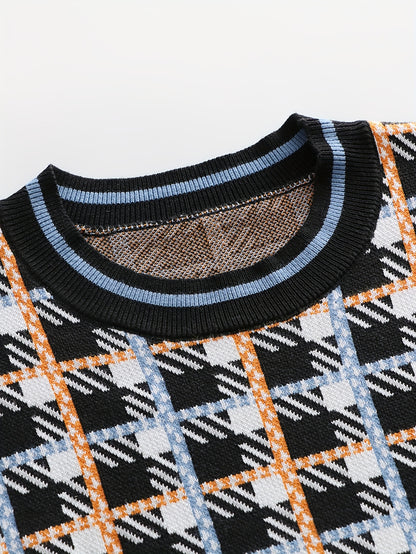 Men's Fashion Geometric Jacquard Plaid Knit Pullover