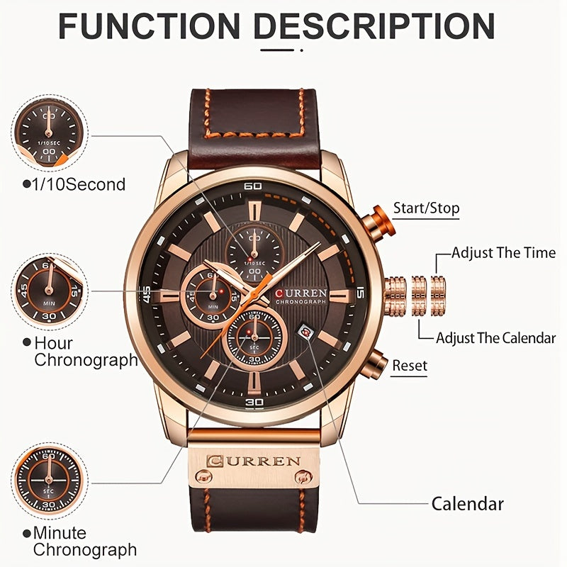 Men's Sports Watch With Multiple Functions, PU Leather Strap, And Automatic Date Display