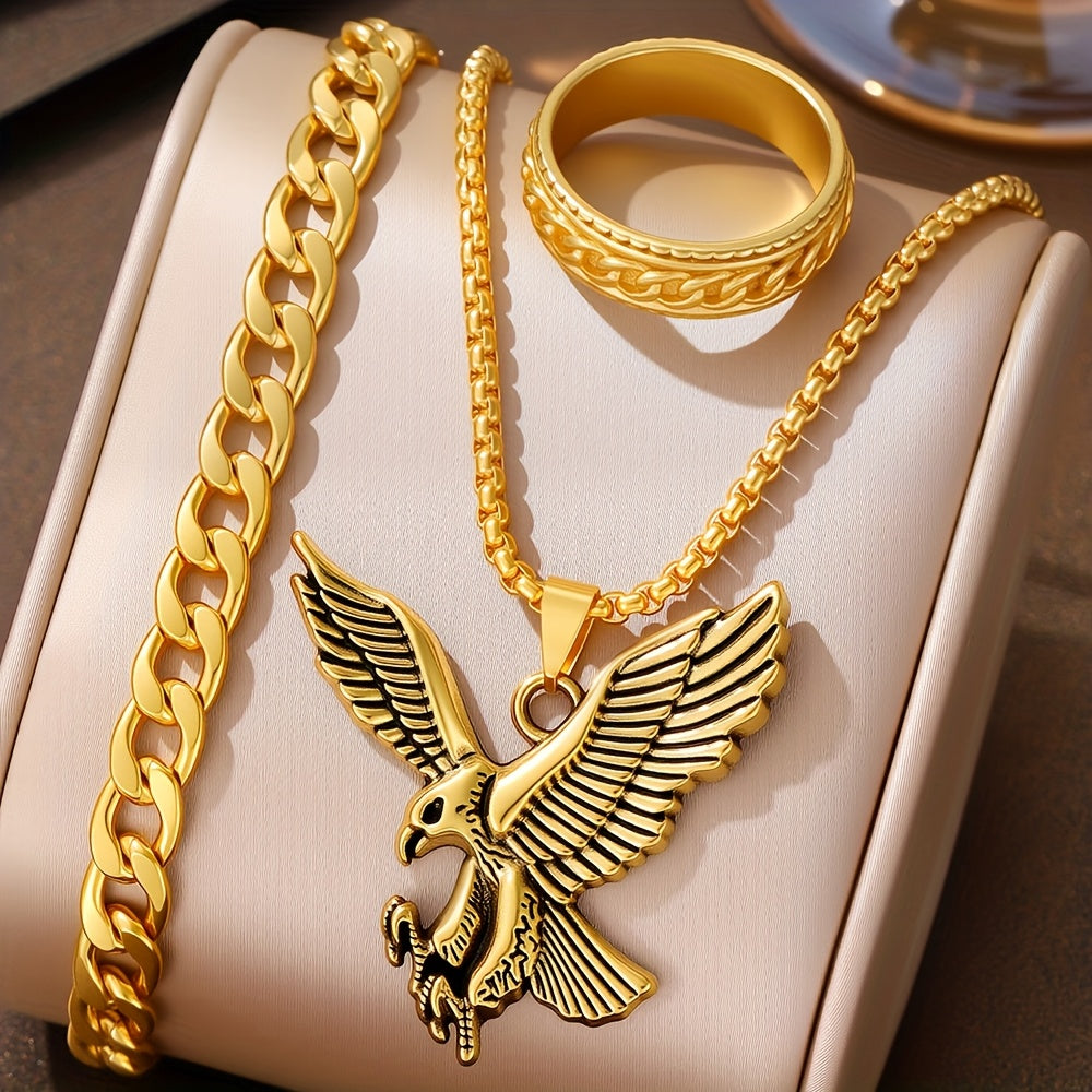 3 հատ «Արծվի գլուխ» կախազարդով ոսկեգույն արծաթափայլ վզնոցի հավաքածու, հաստ շղթա + մատանի 3 հատ հավաքածու, տղամարդկանց թեթև շքեղ նվեր