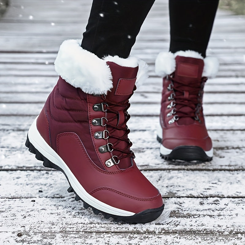 Women's Winter Snow Boots with -Like Collar & Traction Tread - Warm Round Toe Ankle-High Black/White Booties, Rubber Sole for Ice & Snow, Cold Weather Shoes (No Calf Strap) - Chinese New Year Ready Footwear