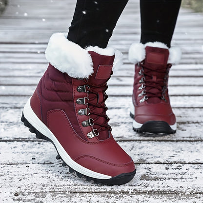 Women's Winter Snow Boots with -Like Collar & Traction Tread - Warm Round Toe Ankle-High Black/White Booties, Rubber Sole for Ice & Snow, Cold Weather Shoes (No Calf Strap) - Chinese New Year Ready Footwear
