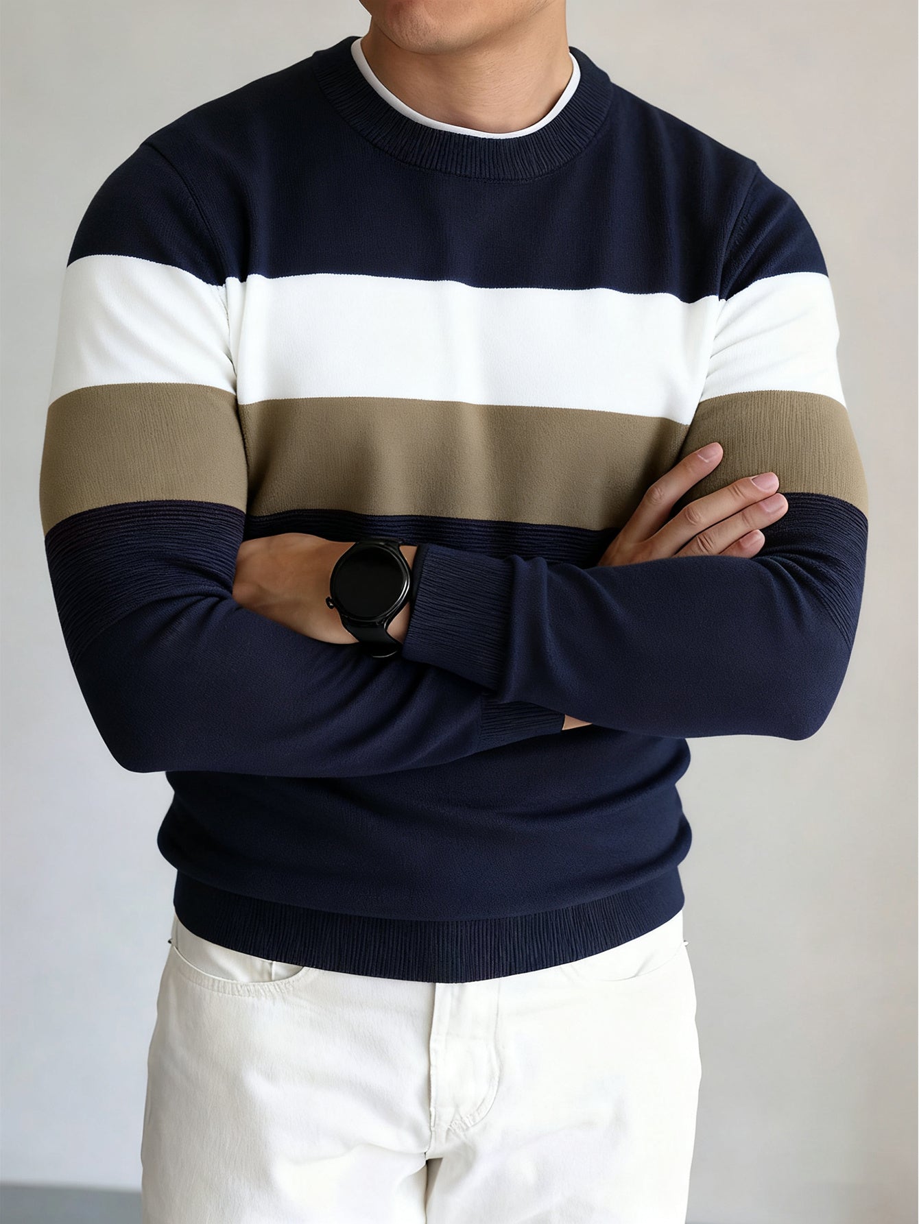 Տղամարդու սվիտեր գունային բլոկների դիզայնով, նեղ չափսերով, կլոր վզնոցով, աշուն/ձմեռ ոճով