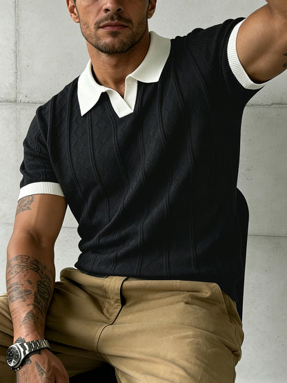 Men's Jacquard Knit Short Sleeve Polo with Contrast Collar