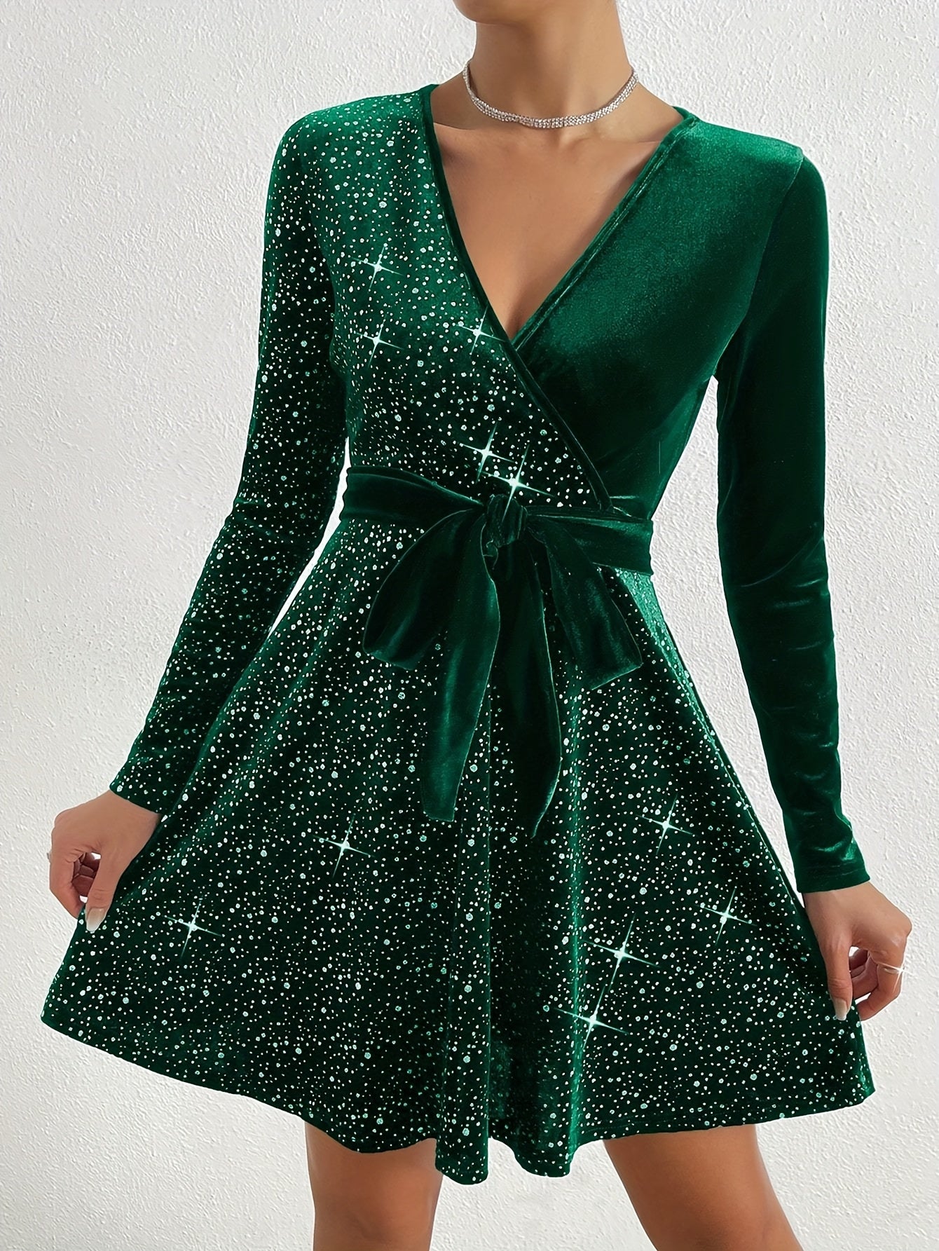 Women's Green Mermaid Dress with & Waist Tie Belt - Sparkling A-Line -Length Formal Party Wedding Gown, Fitted Silhouette, Machine Washable Elegant Evening Dress