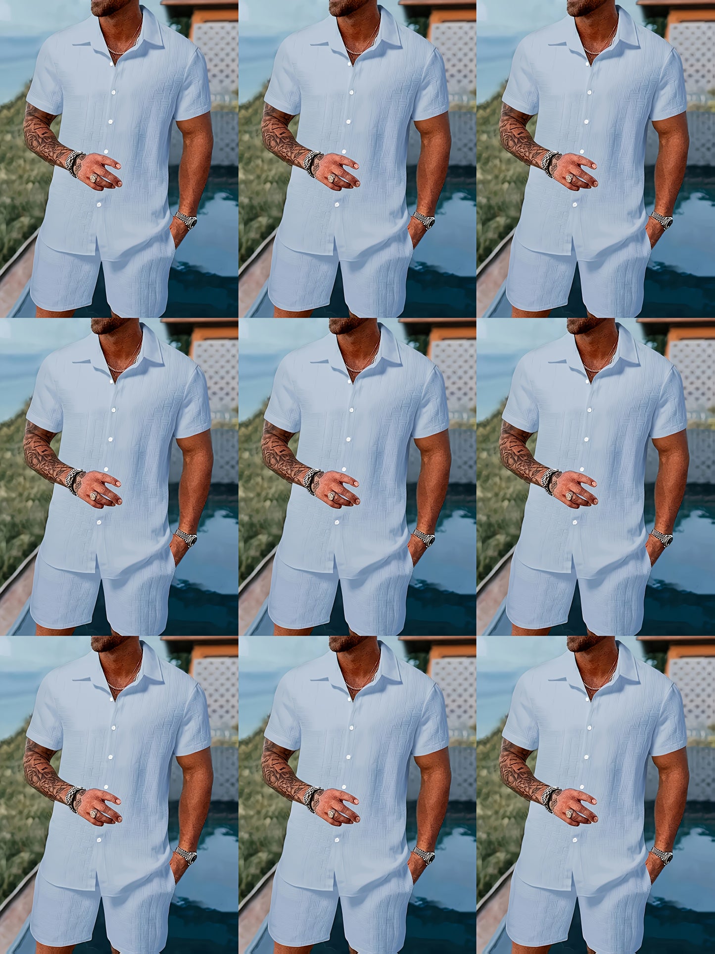 Men's Outfit, Checkered Print Lapel Short Sleeve Button Up Shirt & Shorts 2pcs co ord set for Outdoor Activities