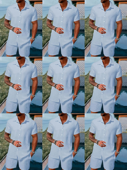 Men's Outfit, Checkered Print Lapel Short Sleeve Button Up Shirt & Shorts 2pcs co ord set for Outdoor Activities