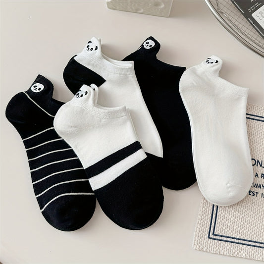 Women's Cotton Ankle-Length Socks 5-Pair Set with Panda Embroidery, Breathable Moisture-Wicking Knit, Anti-Odor, Seamless Toe, Stretch Spandex Blend - Size 200 Needle Count