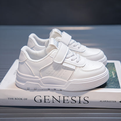 Youngsters' Stylish White Skate Sneakers - Casual & Sporty Low-Top Shoes with Hook-and-loop Fastener Closure, Breathable Fabric Lining, Durable Rubber Sole for Boys & Girls, Perfect for Running, Walking & Casual Attire, Skate