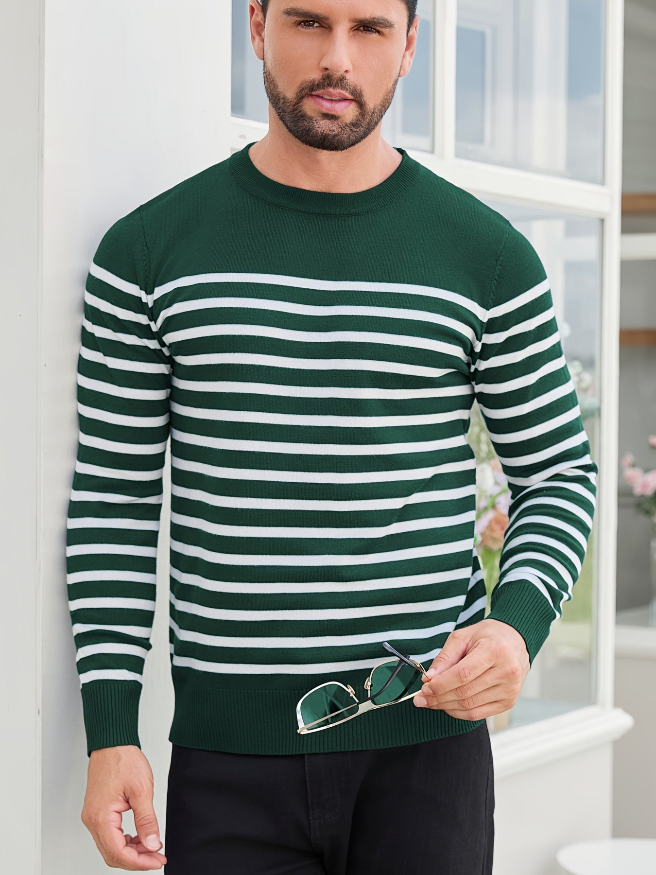 Գարնանային և աշնանային ամենօրյա երկգույն գծավոր տղամարդու սվիտեր-պուլովեր՝ գունավոր բլոկներով, կլոր վզնոցով, տղամարդու տրիկոտաժե վերնաշապիկ