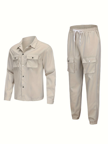 Men'S Casual Polyester Suit Set, Solid Color, Non-Stretch, Regular Fit, with Lapel Collar, Pocket Details, for Hiking, Daily Wear, and Special Occasions, Spring/Fall, Fall/Winter