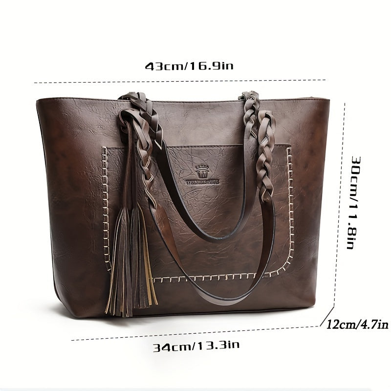 Elegant Large-Capacity Women’s PU Tote Bag with Tassel