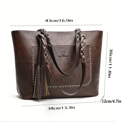 Elegant Large-Capacity Women’s PU Tote Bag with Tassel