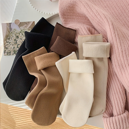 5 Pairs Women'S Knee-Length Thermal Fleece-Lined Socks, Solid Color, Polyester Knit Fabric, 100% Polyester, with Hand Washable