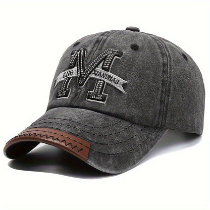 Spring And Autumn Retro Washed Denim Duckbill Cap, Fashionable Outdoor Sun Baseball Hat, With Old Letter M Embroidery, For Men Women