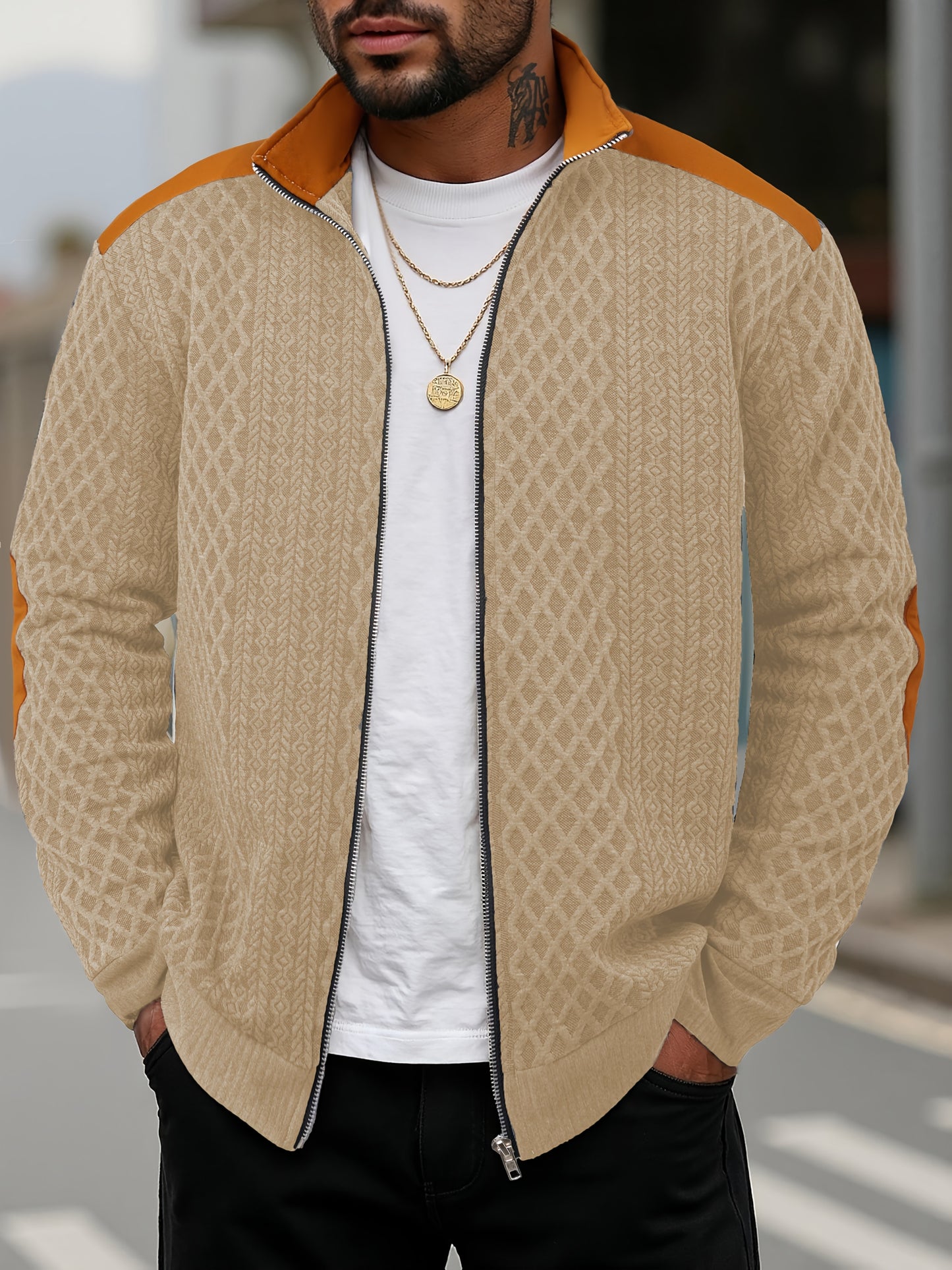 Men's Beige & Orange Contrast Full-Zip Jacket - Winter Warmth Loose-Fit Tailored Coat with Stand Collar, Zippered Pockets & Full-Zip Closure, Machine Washable Casual Outerwear for Men (Beige/Orange) - Ideal for Fall and Winte