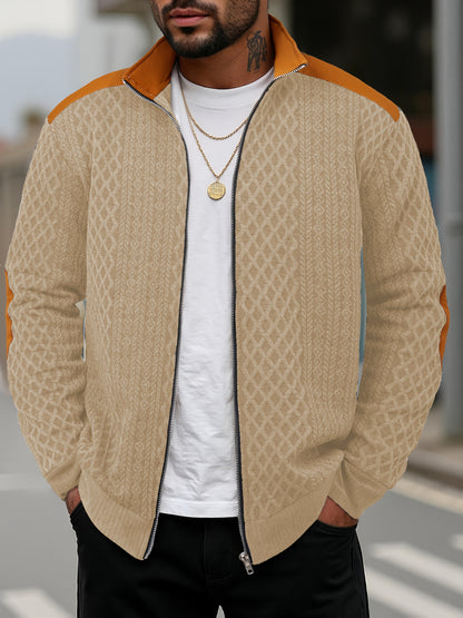 Men's Beige & Orange Contrast Full-Zip Jacket - Winter Warmth Loose-Fit Tailored Coat with Stand Collar, Zippered Pockets & Full-Zip Closure, Machine Washable Casual Outerwear for Men (Beige/Orange) - Ideal for Fall and Winte