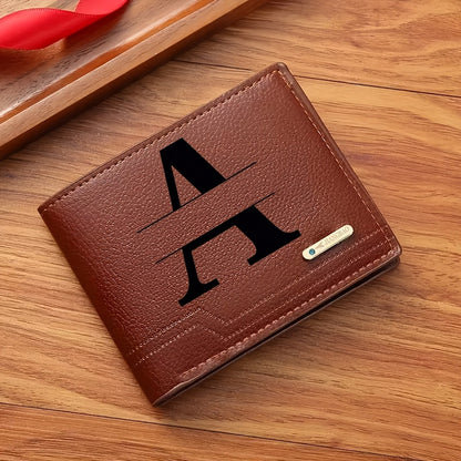 1pc Men's Business Style Faux Leather Wallet, Customizable Text and Initials, Solid Color Faux Leather with Contrast Accents, Compact Short Bifold Design for Easy Carrying - Perfect Birthday Gift for Boyfriend and Father, Per