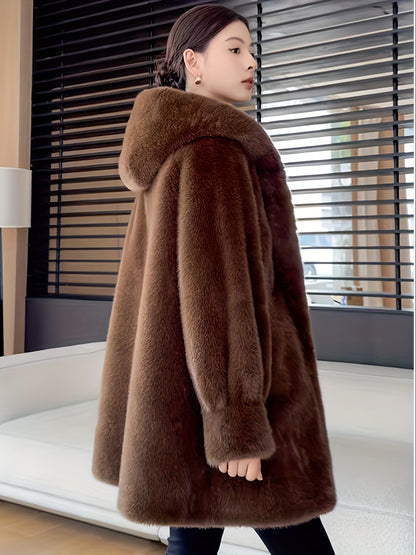 Women's Oversized Faux Fur Coat with Plush Collar & Full-Length Fur Trim - Winter Warm A-Line Mid-Length Jacket, Machine Washable Large Size Winter Coat for Women, Elegant Outerwear for Casual & Formal Events (Solid Black, Br