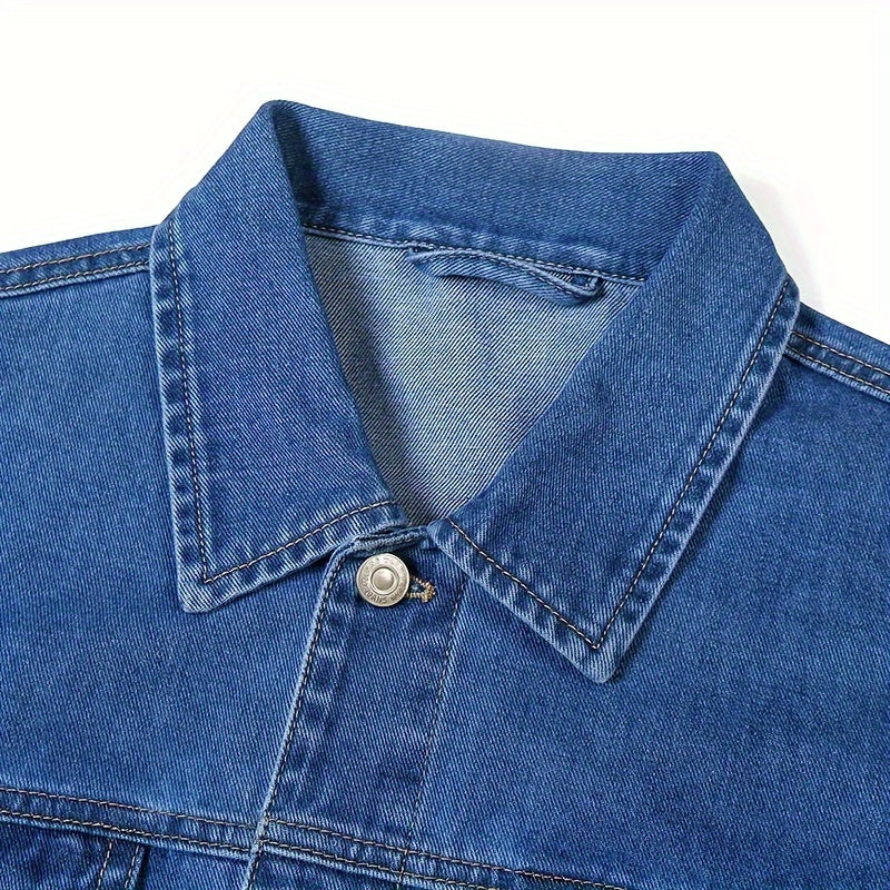 Men's Casual Denim Jacket - Spring & Autumn Collection, Washed Blue, Cotton Blend, Machine Washable, Lapel Collar with Pockets, 2024 New, Denim Jacket