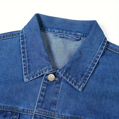 Men's Casual Denim Jacket - Spring & Autumn Collection, Washed Blue, Cotton Blend, Machine Washable, Lapel Collar with Pockets, 2024 New, Denim Jacket