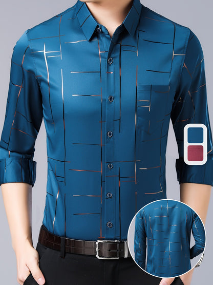 Elegant Men's Maroon Striped Long Sleeve Dress Shirt - Sophisticated Black & Golden Print, Breathable Polyester, Casual Comfort Fit with Classic Collar and Button-Up Front for Casual Attire