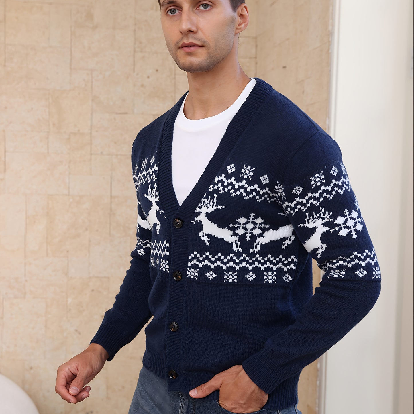 Men's Elegant Winter Sweater - Dark Brown/Black/Blue/Gray/ Navy Blue/ - Button-Up Knit Sweater with Deer & Snowflake Patterns, Long Sleeve Casual Formal Christmas Party Outfits - Spring/Fall Sweater for Everyday or Formal Eve