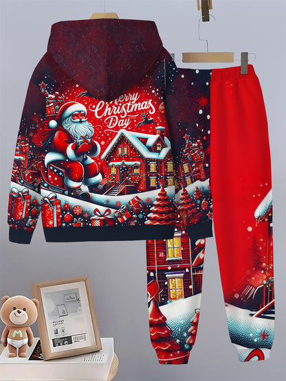 2pcs Boys' Christmas Sweatsuit Set with 3D Santa & Reindeer Print Hooded Sweatshirt & Matching Pants - Red/Green Winter Outfit, Snowflake Patterns, Cozy Casual Wear for /Kids Holiday Party (Hand Washable), Perfect for Outdoor