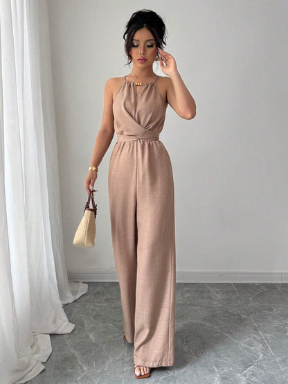 Women's Spring Summer Pleated Halterneck Maxi Jumpsuit