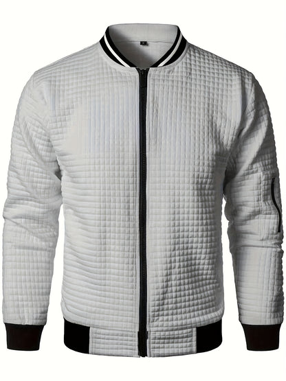 Men's Casual Bomber Jacket with Stand Collar - Polyester and Elastane Blend, Knit Fabric with Slight Stretch, Solid Color, Zipper Detail, Long Sleeve, Regular Fit