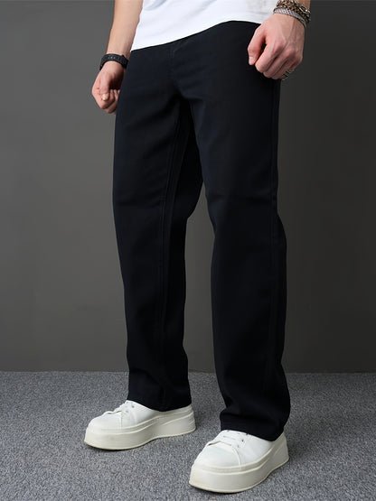 Men's Classic Black Straight-Leg Jeans - Loose Fit, Solid Color Denim, Cotton Blend, Machine Washable, All-Season Style, Streetwear Fashion|Modern Basic Jeans|Cotton Blend Denim