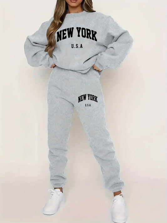 FLS1021WN10 Hoodie with Fleece, European And American Women'S Autumn And Winter Fashion, Printed Casual Sports Two-Piece Set.