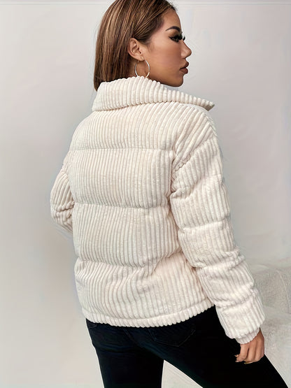 Կանացի սպիտակ փքված բաճկոն՝ կայծակաճարմանդով և թավշանման վերնամասով - Բեժ ձմեռային վերարկու, լվացքի մեքենայով լվացվող ցուրտ եղանակի վերնազգեստ, էլեգանտ կարճ կտրվածք (առանց գոտու)՝ առօրյա կամ պաշտոնական օգտագործման համար, կանացի բաճկոններ, ձմեռային հագուստ