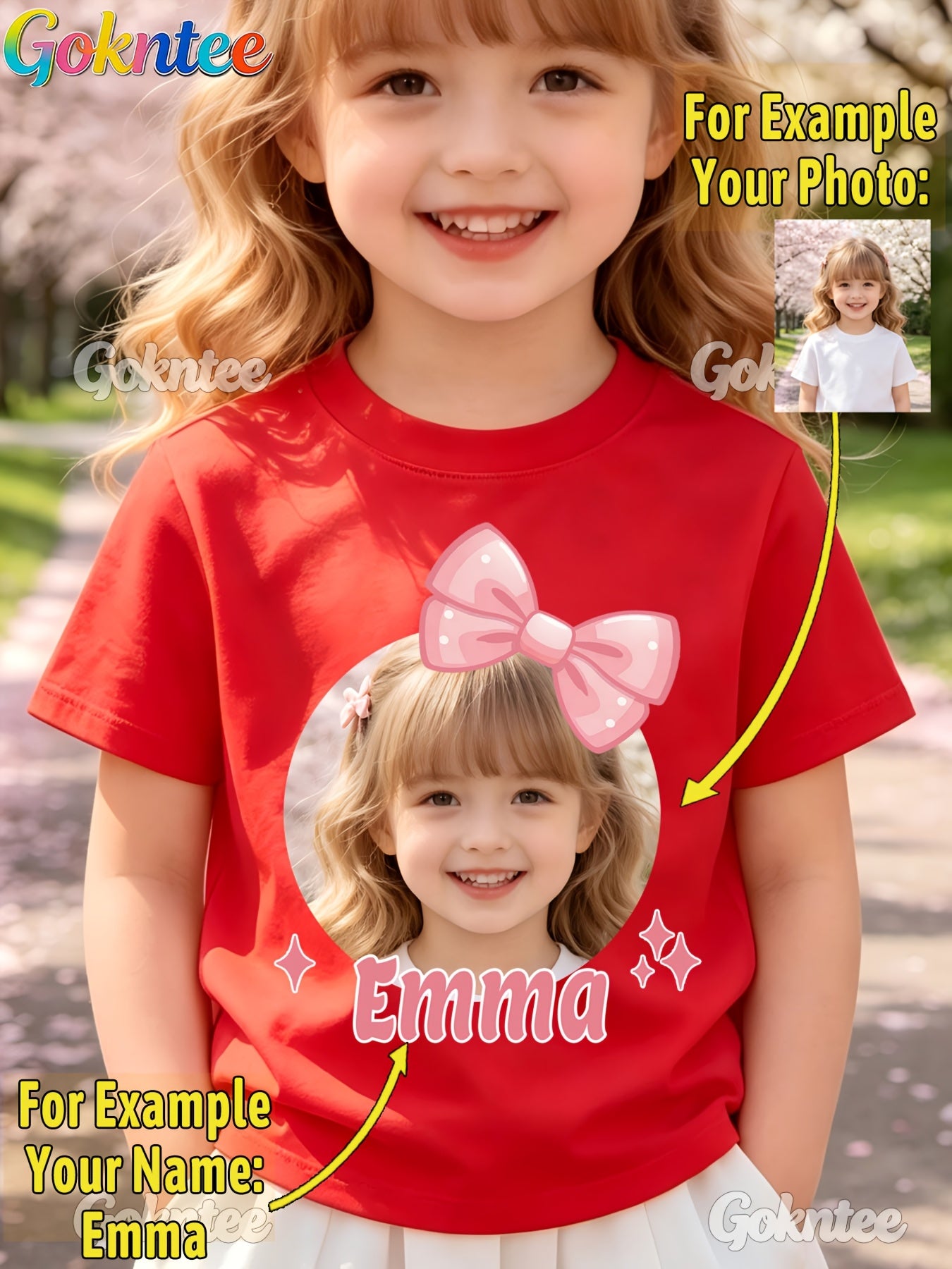 Girls' Personalized Cartoon T-Shirt with Pink Bow, Crew Neck