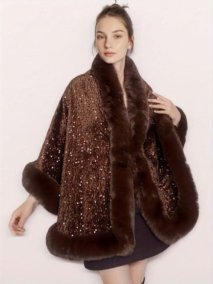 Մեծ չափսի կանացի էլեգանտ շալ-թիկնոց-պոնչո - շքեղ շագանակագույն թիկնոց՝ փայլուն հմայքով, խիտ ձմեռային վերարկու երեկույթների, պաշտոնական միջոցառումների համար՝ չձգվող գործվածք, հեշտ խնամվող էլեգանտ փաթաթան ամենօրյա հատուկ առիթների համար, երեկույթի հագուստ, C