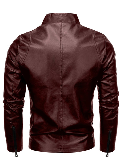 Men'S Casual Jacket - Stand Collar Zip-Up Long Sleeve - 100% Polyurethane, Solid Color, Non-Stretch Woven Fabric, Regular Fit with Functional Pockets for Daily Wear