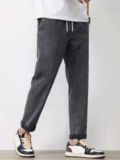 Men's Solid Washed Denim Trousers With Pockets, Causal Drawstring Cotton Blend Barrel Jeans For Outdoor Activities
