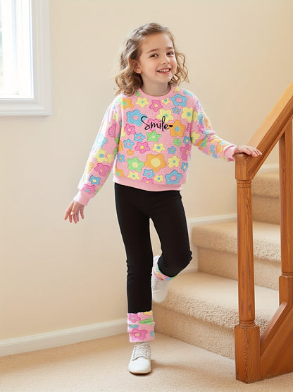 Աղջիկների աշնանային և ձմեռային նորաձև տաք հավաքածու «Ժպիտ» ասեղնագործությամբ, գունագեղ ծաղկային ապլիկացիայով բրդյա բաճկոնով և լայնածավալ տաբատով, իդեալական է բացօթյա օգտագործման համար